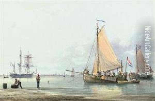 Dutch Barges Lying Off Great Yarmouth Oil Painting - William Joy