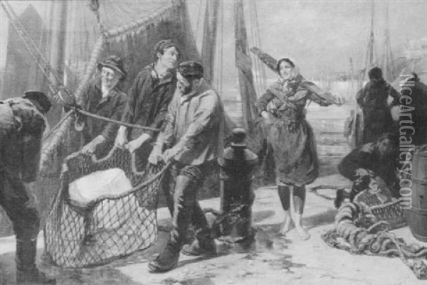 Sunny Boulogne, Fishermen Landing Ice On The Quay Oil Painting - Frederick Rushing Roe