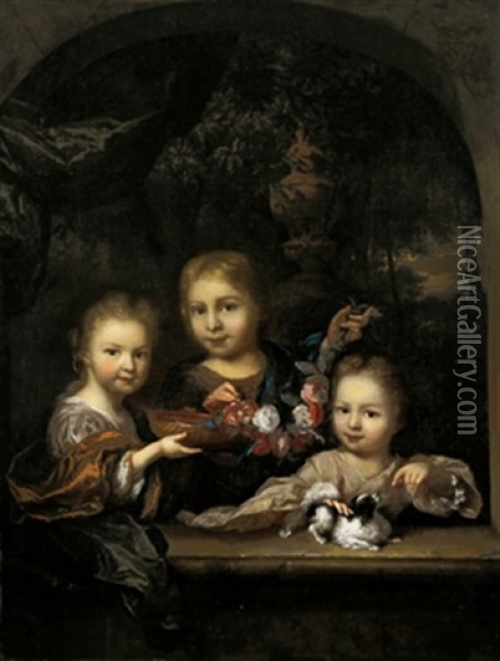 Drei Kinder Spielen Mit Einem Hundchen Und Einer Girlande Oil Painting - Arnold Boonen
