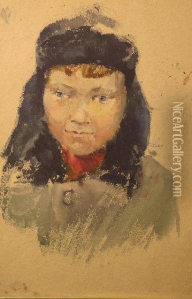 'a Boy' - Portrait Of A Young Boy Wearing A Ushanka Oil Painting - Nikolai Alekseevich Bogatov