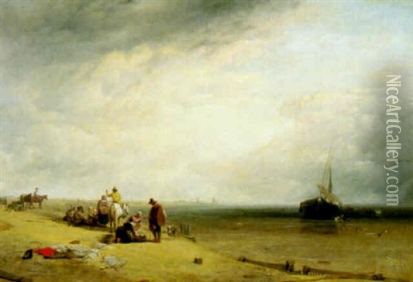 Figures And Stranded Vessels On A Beach At Low Tide Oil Painting - Augustus Wall (Sir.) Callcott