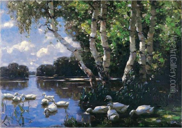 Elf Enten Unter Birken Und Im Wasser (eleven Ducks) Oil Painting - Alexander Max Koester