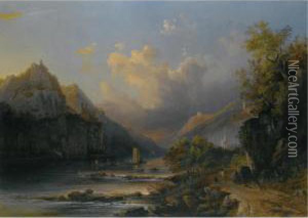 View Of The Rhein At Bingen Oil Painting - Pieter Francis Peters