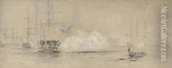 The Baltic Fleet In Kiel Bay - Firing At Targets Oil Painting - Sir Oswald Walter Brierly