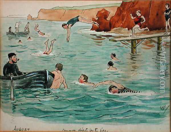 The Month of August Swimming and Diving Oil Painting - George Derville Rowlandson