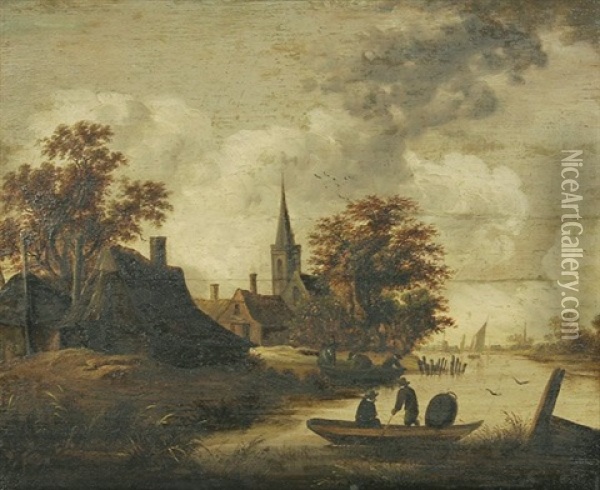 Fluslandschaft Mit Anlegenden Ruderbooten Bei Einem Dorf Oil Painting - Cornelis Gerritsz Decker