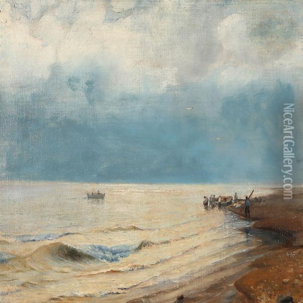 Beach Scene With Fishermen In The Water Edge Oil Painting - Vilhelm Theodor Fischer