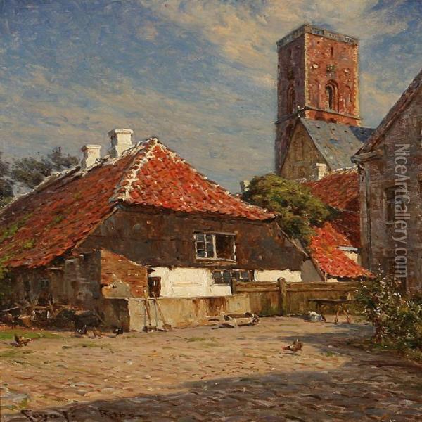 Houses At Ribe Cathedral, Denmark Oil Painting - Carl Martin Soya-Jensen