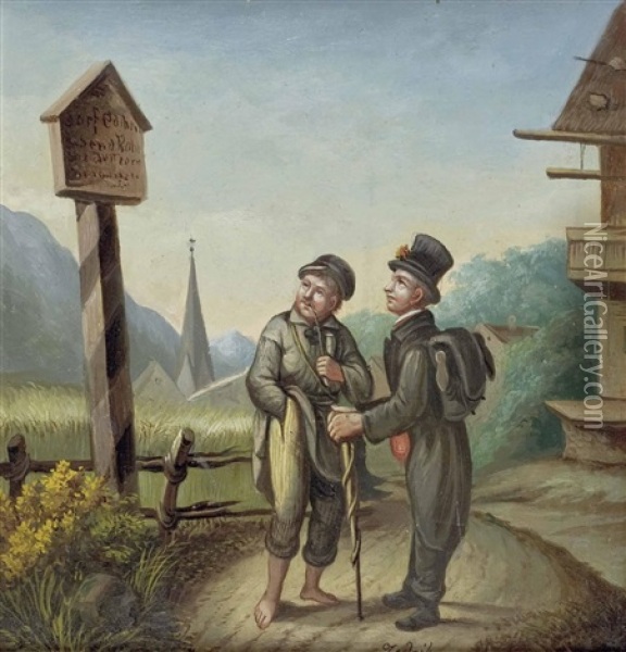 Zwei Wanderer Am Marterl Oil Painting - Karl Zadnik