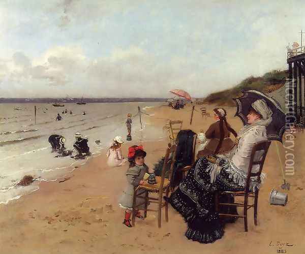 Mother and Daughter on the Beach Oil Painting - Ernest Ange Duez