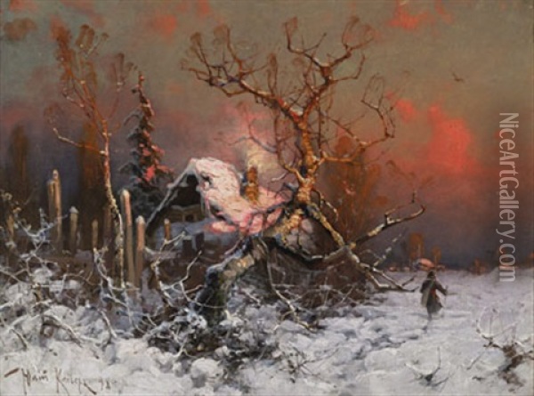 Figure In A Winter Landscape At Sunset Oil Painting - Yuliy Yulevich (Julius) Klever