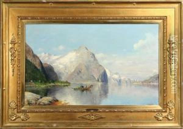 Norskt Fjordlandskap, Signerad Oil Painting - Fritz Chwala