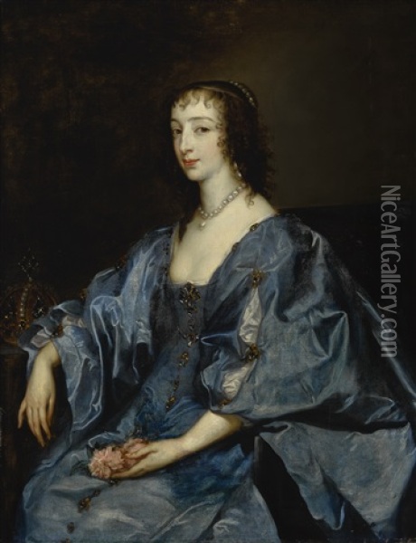 Portrait Of Queen Henrietta-maria, Three-quarter Length, Seated, In A Blue Dress Oil Painting - Anthony Van Dyck
