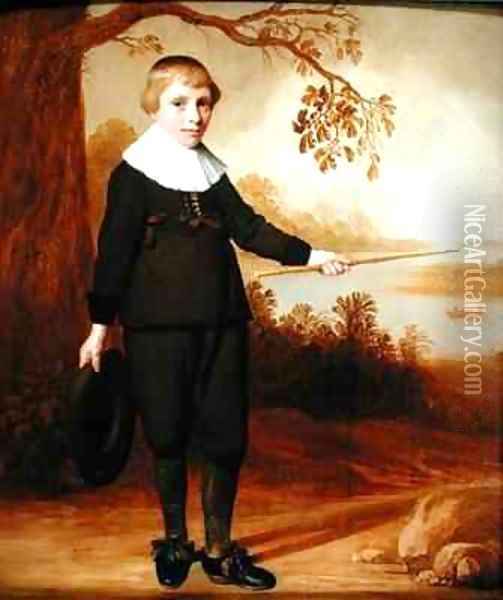Portrait of a Seven year old Boy in a River Landscape Oil Painting - Jan Damen Cool