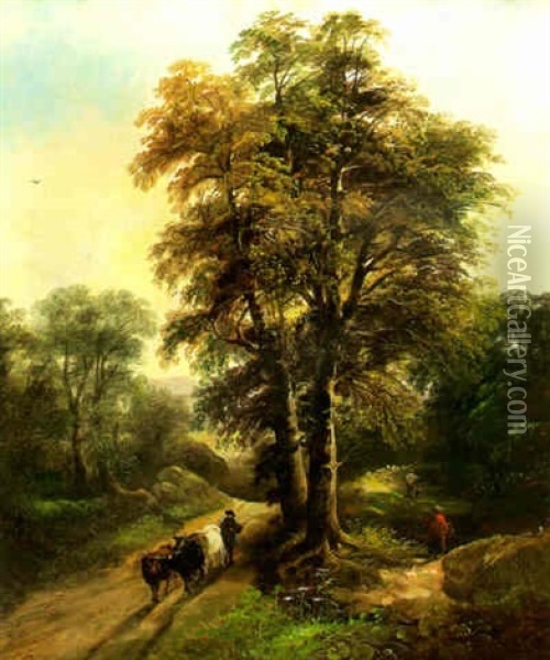 Country Lane With A Cowherd, Cattle And Figures Walking Beside Oil Painting - Joseph Barker