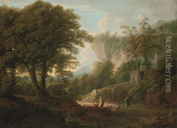 A Mountainous Wooded Landscape With Drovers And Their Flock On A Track Oil Painting - George Lambert