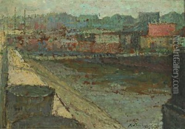View Over A Canal With Houses Oil Painting - Konstantin Vikent'evich Dydyshko