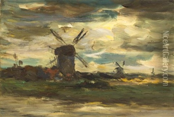 Windmills At Moonlight Oil Painting - Jacob Henricus Maris