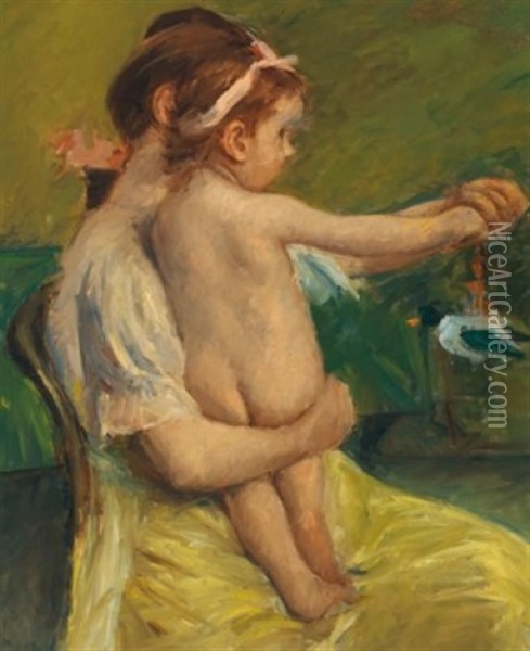 Mother Holding A Nude Baby Playing With A Toy Duck Oil Painting - Mary Cassatt