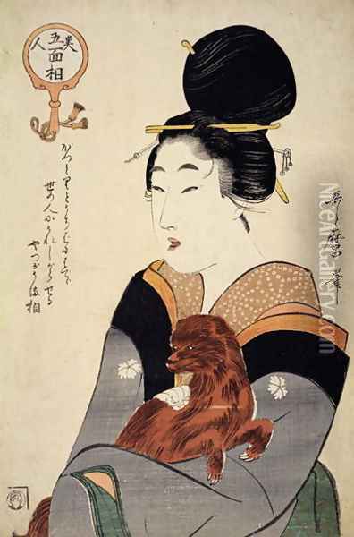 A woman holding a dog in her arms, from Five physiognomies of Beauty, c.1804 Oil Painting - Kitagawa Utamaro