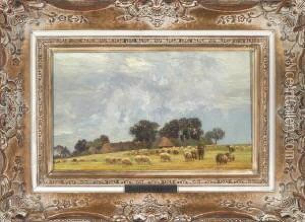 Schafer Mit Seiner Herde Vor Einem Gehoft In Bewolkter Landschaft Oil Painting - Carl Friedrich Kappstein