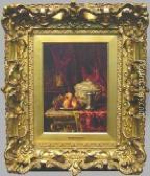Still Life With Fruit And Tureen Against Red Velvet Curtain Oil Painting - Alphonse de Neuville