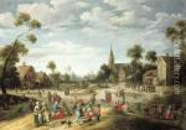 A Village Kermesse With Numerous Peasants Feasting And Makingmerry Oil Painting - Joost Cornelisz. Droochsloot