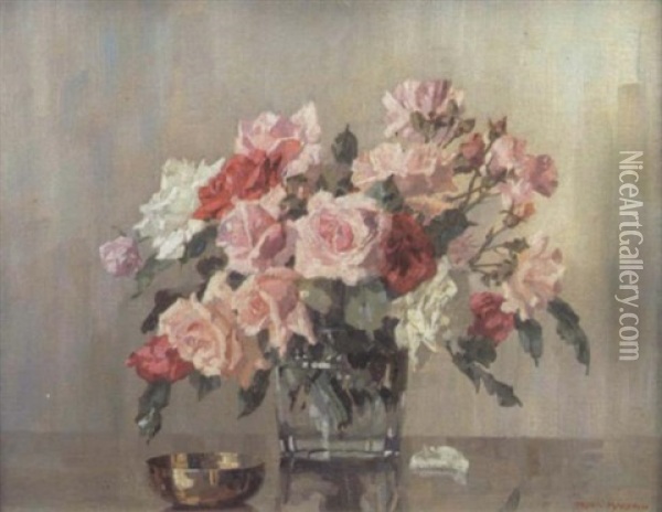 Still Life With A Vase Of Roses And A Bowl On A Table Oil Painting - Freda Marston