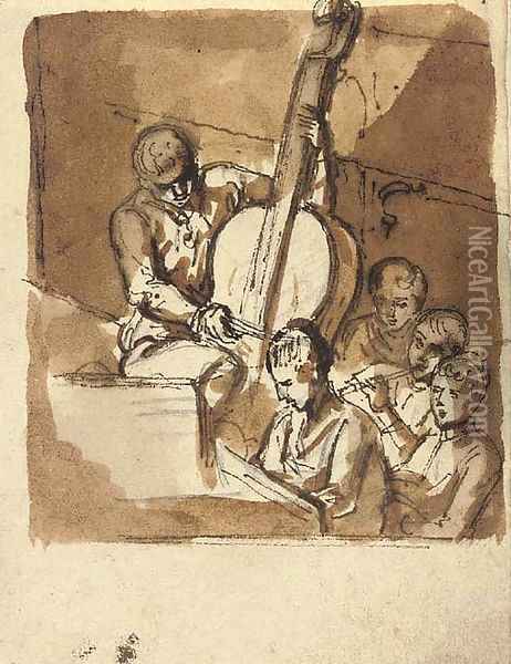Musicians playing the double bass, flute and keyboard, and singing Oil Painting - Etienne de Lavallee-Poussin