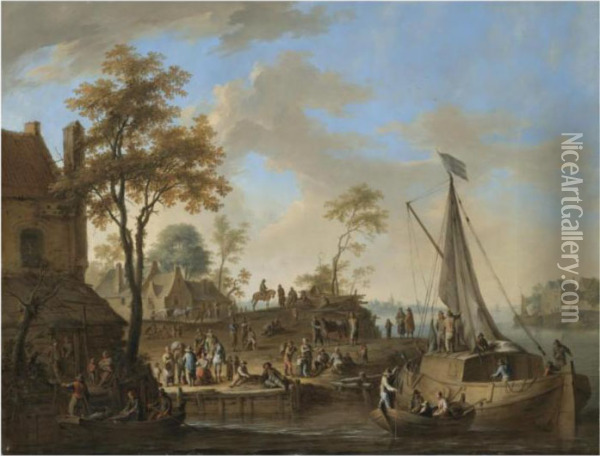 A River Landscape With Workers Loading Cargo Onto A Mooredboat Oil Painting - Franz Ferg
