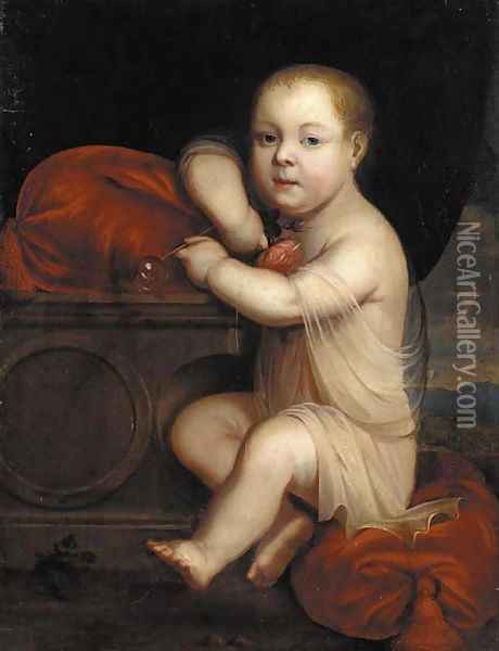 Portrait of a child, full-length, wearing a chiton, blowing a soap bubble and holding a pink rose in his right hand Oil Painting - Mignard, Pierre II