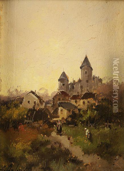 Vue De Chateau Surplombant Village Oil Painting - Eugene Galien-Laloue