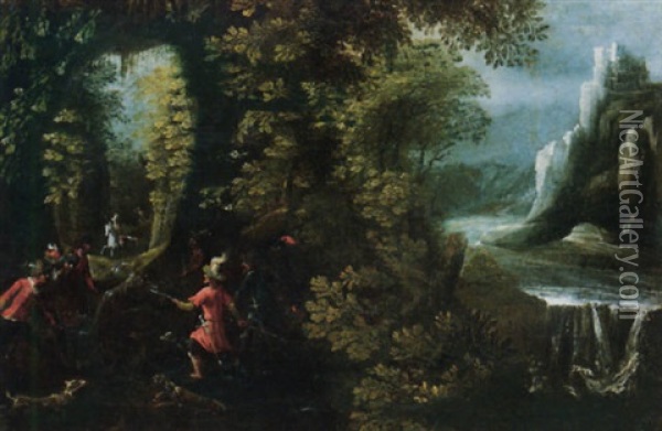 A Wild Boar Hunt With Dogs In A Forest By A Waterfall Oil Painting -  Pozzoserrato