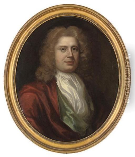 Portrait Of A Gentleman, Bust-length, In A Red And Green Coat Oil Painting - Sir Godfrey Kneller