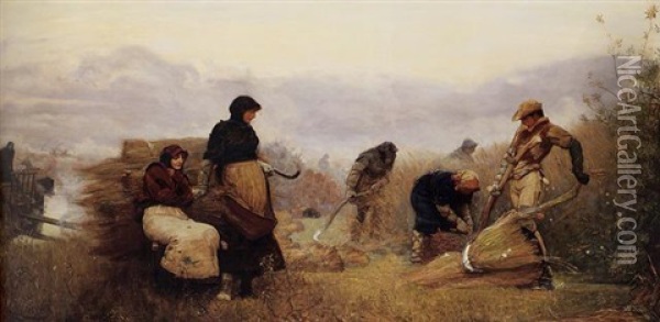 Sedge Cutting In Wicken Fen, Cambridgeshire, Early Morning Oil Painting - Robert Walker Macbeth
