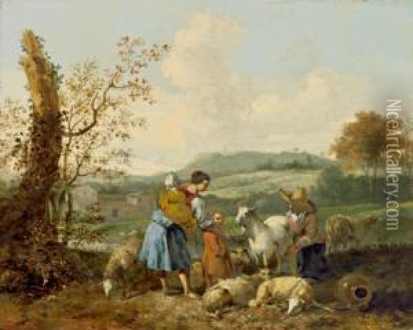 Pastori Con Le Loro Greggi In Paesaggio Italiano Oil Painting - Hendrick Mommers