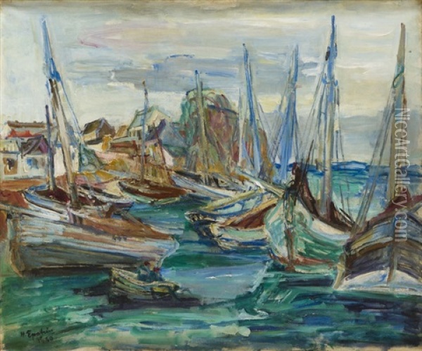 Boats In Harbour Oil Painting - Henri Epstein