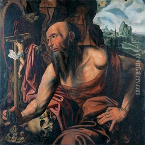 The Penitent Saint Jerome In A Cave Oil Painting - Jan Sanders (Jan van) Hemessen