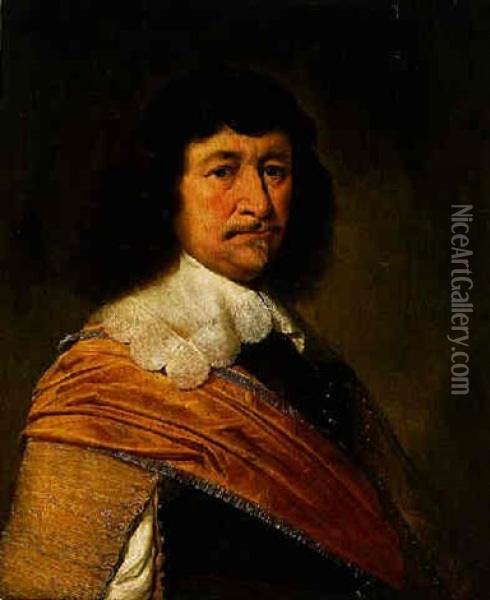 Portrait Of A Burgher Wearing An Orange Sash Of Office Over A Doublet With Gold Braided Sleeves Oil Painting - Jan Anthonisz Van Ravesteyn
