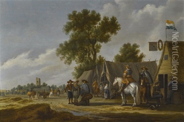 Horsemen And Travelers Standing In Front Of An Encampment, A View Of A Ruined Tower Beyond Oil Painting - Pieter de Neyn
