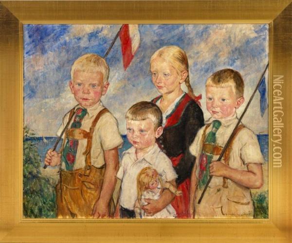 Kinderportrait Mit Vier Geschwistern Oil Painting - Heinrich Linde-Walther