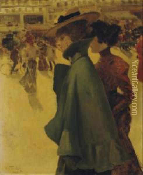Two Ladies Strolling Through A Parisian Square Oil Painting - Louis Abel-Truchet