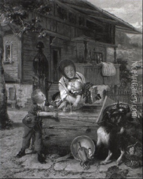 Mutter Mit Zwei Kindern Vor Dem Haus Oil Painting - Charles Edouard Boutibonne