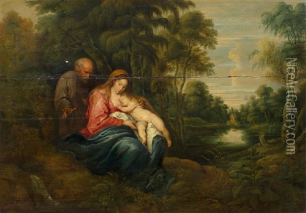 The Holy Family In A Landscape Oil Painting - Abraham van Diepenbeeck
