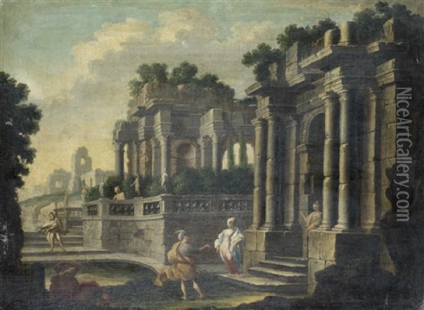 Elegant Figures Amongst Classical Ruins Oil Painting - Alberto Carlieri