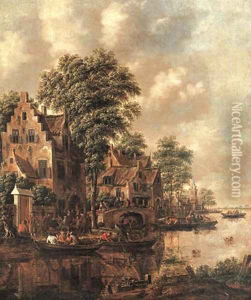 A populated village at the banks of a river Oil Painting - Thomas Heeremans