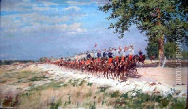 French Oil On Canvas French Cavalry Troop Signed 12 X 20in Oil Painting - Ferdinand Joseph Gueldry