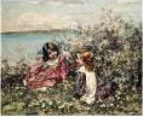Picking Primroses By The Sea Oil Painting - Edward Atkinson Hornel