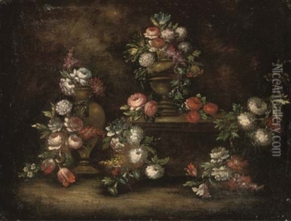 Roses, Chrysanthemums, Parrot Tulips And Other Flowers In A Pair Of Urns, With Other Flowers On A Stone Ledge Oil Painting - Gasparo Lopez