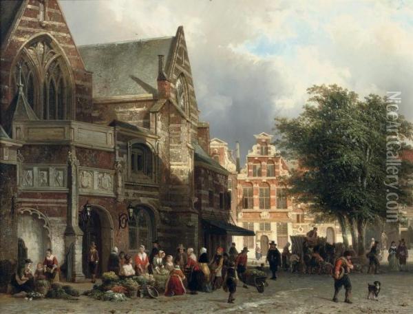 A Busy Market Day In Front Of The Oude Kerk, Amsterdam Oil Painting - Cornelis Springer